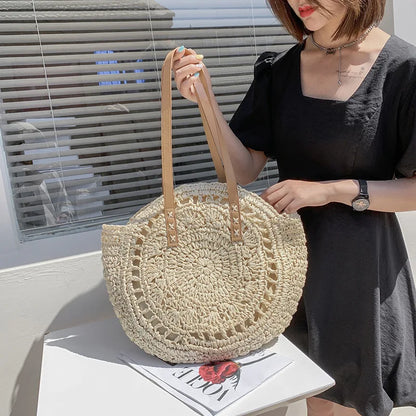 Summer Round Straw Bags for Women Rattan Shoulder Bag Travel Handmade Woven Beach Handbags Female Large Capacity Totes Bag