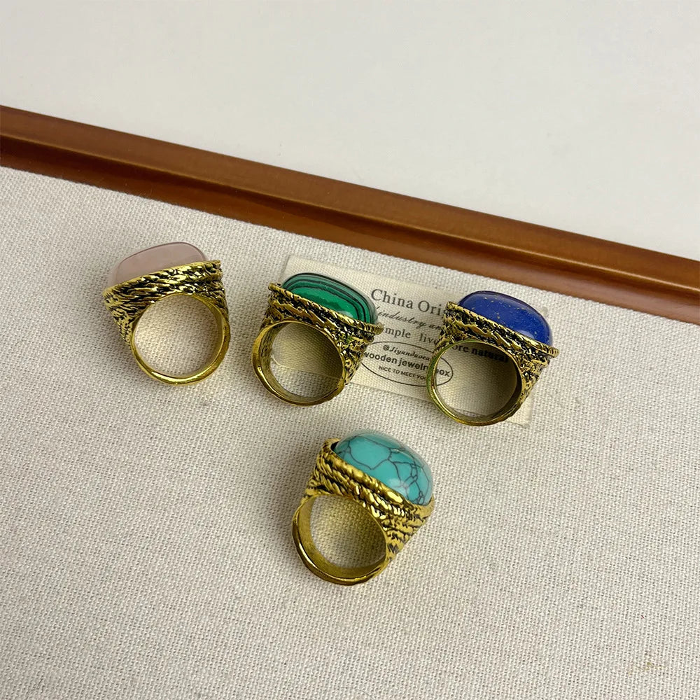 Vintage Geometric Metal Square Natural Stone Ring For Women Exaggerated Trendy Finger Jewelry Party Accessories