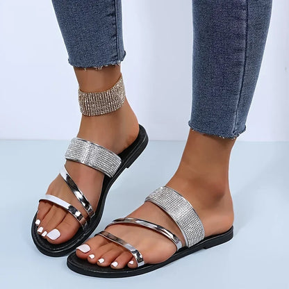 Sparkling Rhinestone Slides for Women - Comfy Open Toe Flats for Indoor & Outdoor Wear