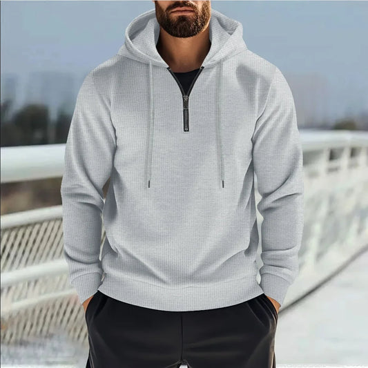 2025 New Style Men's Autumn Fashion Hooded Collar Half-Zip Outdoor Casual Solid Patterned Waffle-Style Sporty Men's Sweatshirt