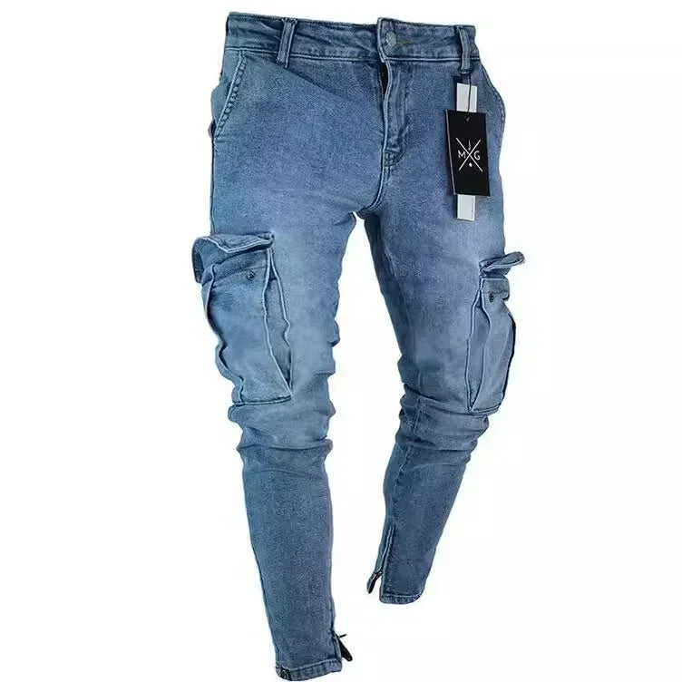 Men Jeans Washed Pencil Pants Mid Waist Denims Vintage Pockets Button Zipper Fly 2025 Casual Basics Ankle Length Trousers Man