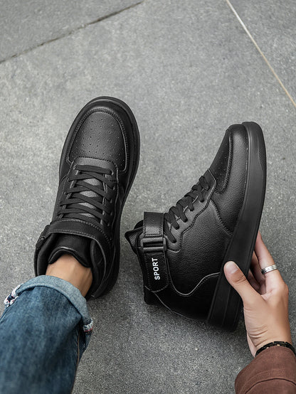 Men's Classic Fashionable Black Leather Spliced Velcro High-Top Casual Sneakers, Simple Daily Versatile and Comfortable Couple Sneakers