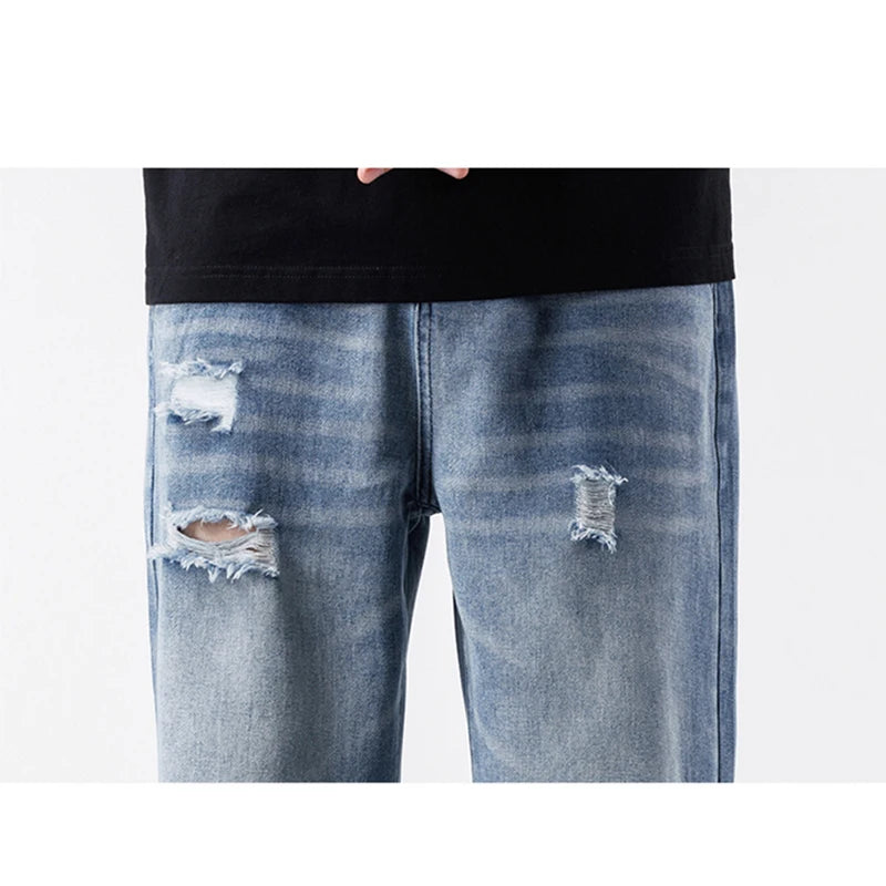 Fashion Vintage Jeans Men's Streetwear Ripped Loose Hip Hop Hole Trousers Casual Straight Male Clothes Wide Denim Pants