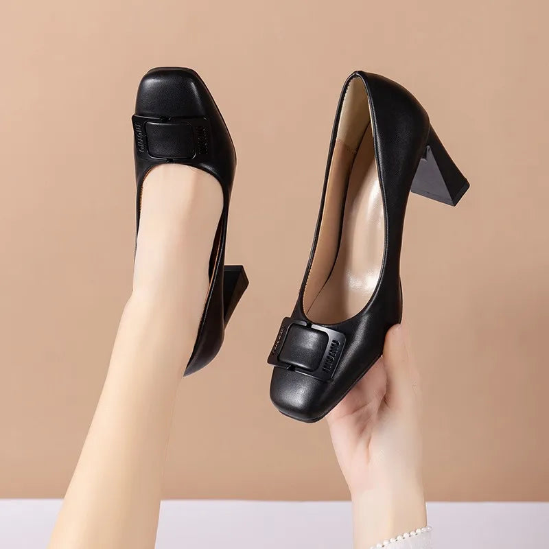 Spring new square head thick heels women's shallow mouth buckle single shoes professional shoes high heels