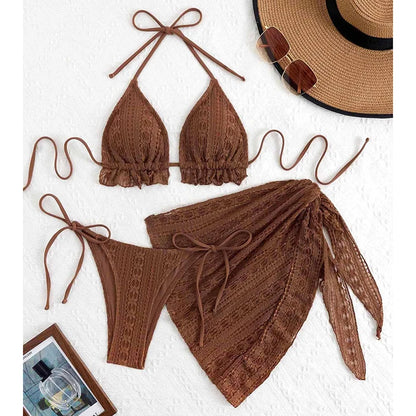 Sexy Bikini Set Bathing Suit Women Triangle Spliced Ruffles Halter Bikini Push Up Bandage Cover Up Beachwear 3 Piece Swimsuit