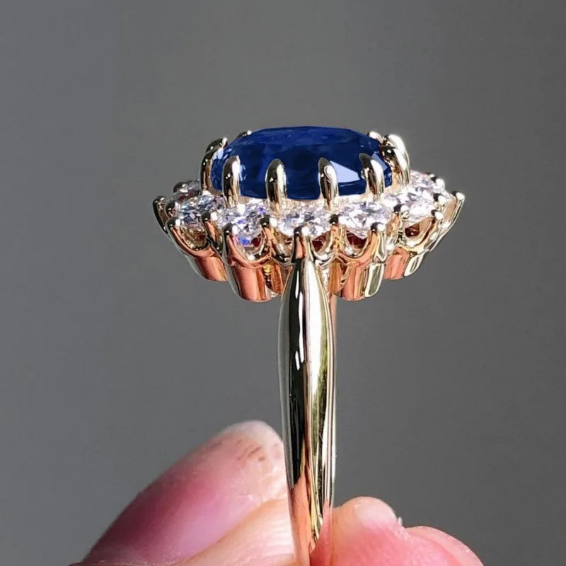 Charm Gold Silver Color Round Flower Rings for Women Blue Stone Rings Jewelry Party Gift