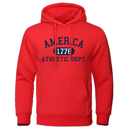 America 1776 Athletic Dept Letter Print Mans Hoodies Pocket O-Neck Sweatshirt Autumn Soft Sweatshirt Casual Loose Man Clothing