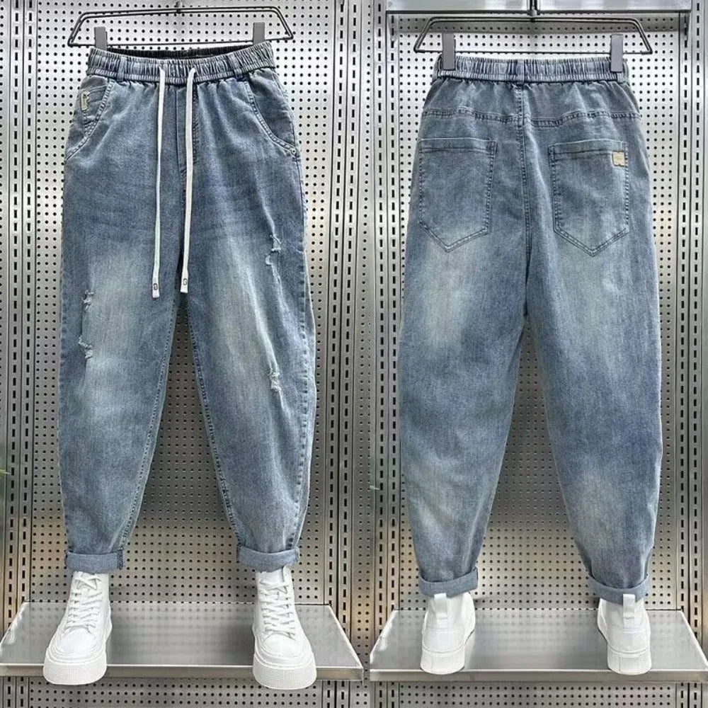 New Loose and Casual Denim Jeans for Men Spring and Autumn Harem Distressed Stretch Baggy Cargo Blue Jeans Jogger Pants