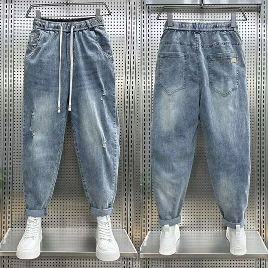 New Loose and Casual Denim Jeans for Men Spring and Autumn Harem Distressed Stretch Baggy Cargo Blue Jeans Jogger Pants