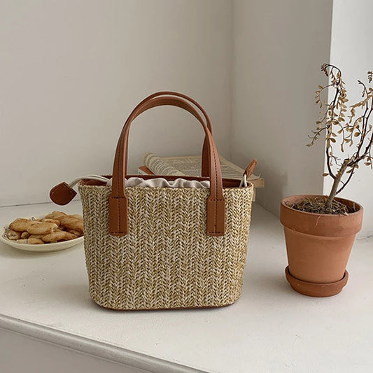 Women's Leisure Grass Woven Handbag Drawstring Bucket Shoulder Crossbody Bag FemaleTravel Bohemian Vacation Beach Bag