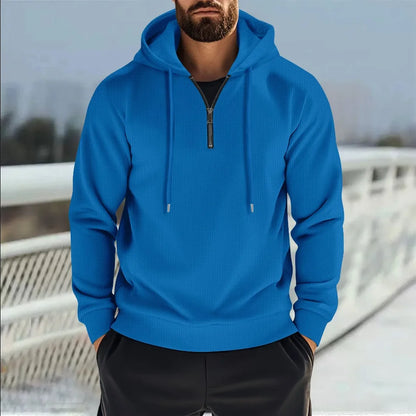 2025 New Style Men's Autumn Fashion Hooded Collar Half-Zip Outdoor Casual Solid Patterned Waffle-Style Sporty Men's Sweatshirt