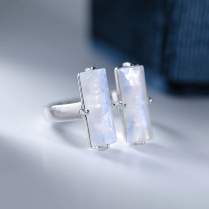 Baguette Cut Natural Moonstone Gemstone Engagement Ring 925 Sterling Silver Adjustable Band for Women Blue Stone Promsie Gifts