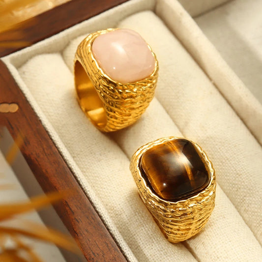 Vintage Knited Design Stainless Steel Rings For Women Pink Square Natural Stone Couple Finger Ring Waterproof Jewelry Gift