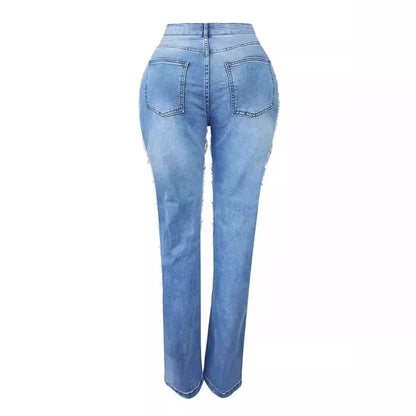 Spice Girl Summer Pants Ripped Heavy Industry Beaded Elastic Trousers  Fashion Personality Jeans