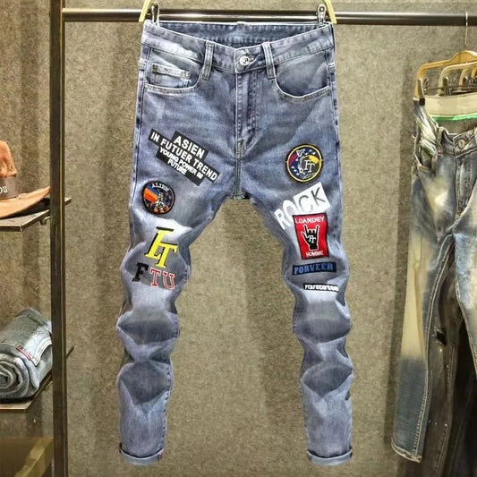 Autumn and Spring Printed Straight Leg Vintage Sports Denim Pants for Men Casual Comfortable High Quality Elastic Denim Pants