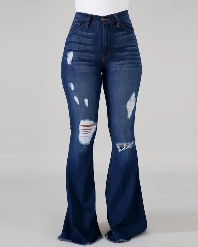 Denim Womens Pants High-stretch Ripped Jeans High-waisted Flared Trousers for Women
