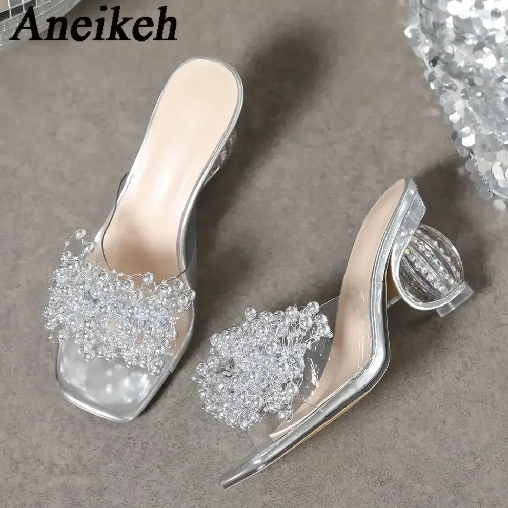 Aneikeh 2026 New Women's Water Diamond Flower Sandals with Transparent Thick Bottom Party Dress PVC Slippers Mules High Heels