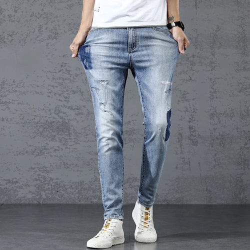 Summer Thin Men's Elastic Cotton Jeans - Fashionable Streetwear Blue Straight Fit Slim Casual Pants