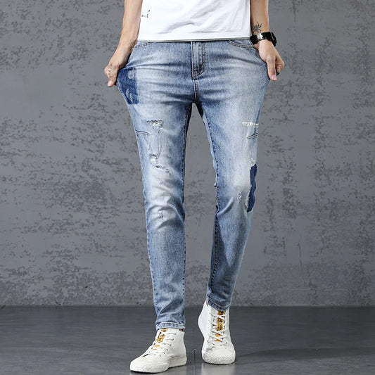 Summer Thin Men's Elastic Cotton Jeans - Fashionable Streetwear Blue Straight Fit Slim Casual Pants