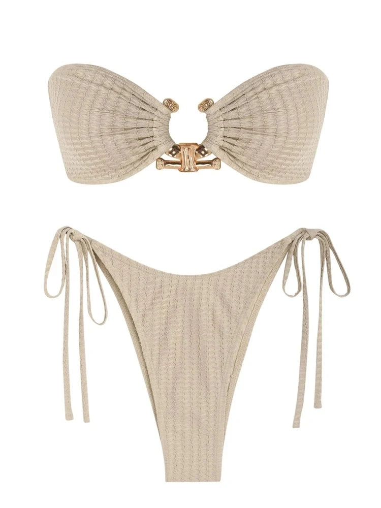 Solid O Ring  New Swimsuit For Women Tie Side Shiny Metal Hardware Ring Bandeau Bikini Swimwear Padded Bra Top Low Waisted