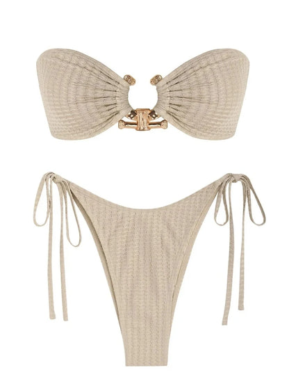 Solid O Ring  New Swimsuit For Women Tie Side Shiny Metal Hardware Ring Bandeau Bikini Swimwear Padded Bra Top Low Waisted