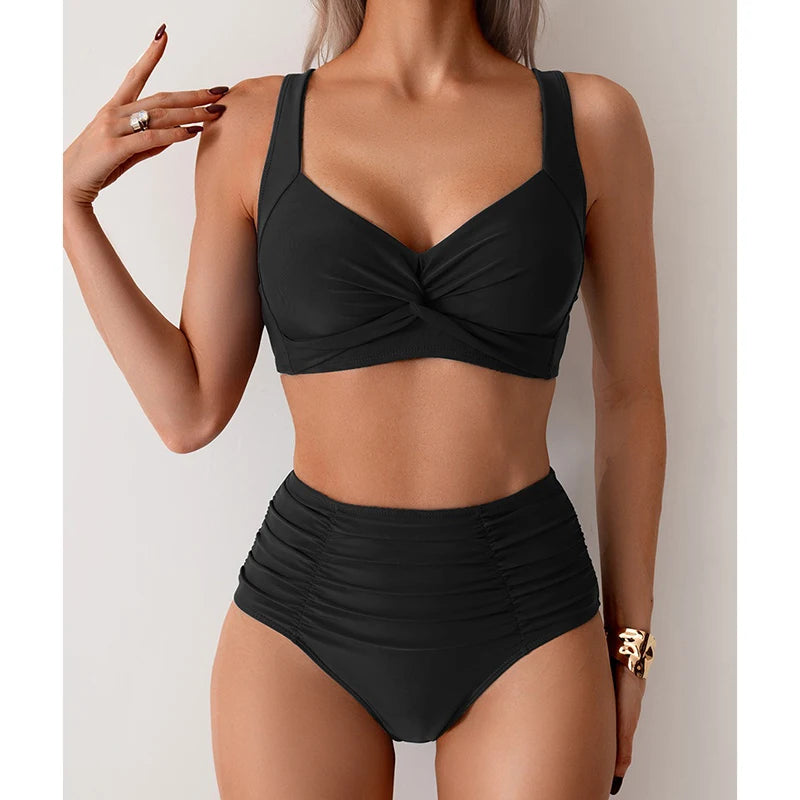 Elegant Solid Swimsuit Women Sexy Slim Pleated High Waist Bikini Split Bathing Suit 2025 New Simple Classic Beachwear Swimwear