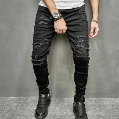 Men Long Pant Denim Pants Jeans Straight Trousers Sheath Slim Fit Pockets Casual Regular High Waist Splice Autumn Winter