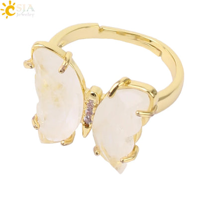 Gold Color Crystal Ring Natural Gemstone Butterfly Rings for Women Amethysts Lapis Lazui Pink Quartz Adjustable Engagement  H125