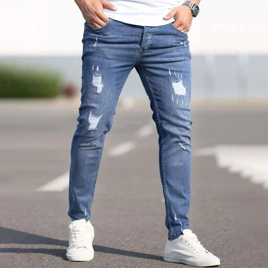 Slim Stretch Destroyed Jeans for Men - Fashionable Skinny Leg Denim with Edgy Ripped Accents