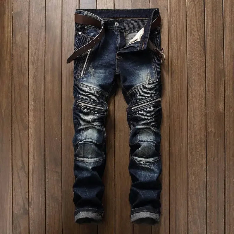 Denim Straight Ankle Length Pants Men Jean Washed Vintage Loose Fit Jeans Print Pockets High Street Spliced Distressed 2025
