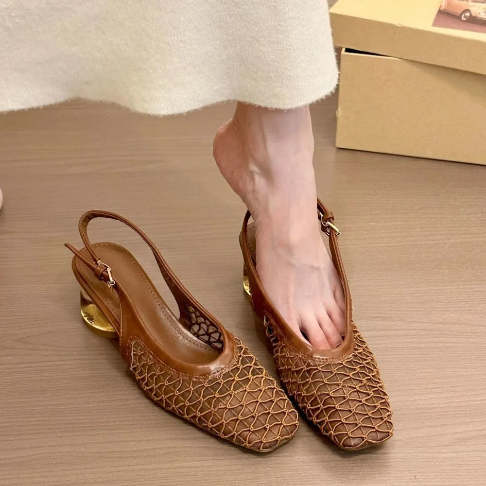 French Temperament Square Head Braided Bag Head Backspace Sandals Spring and Summer New Fashion Crystal Single Shoes Dark Brown