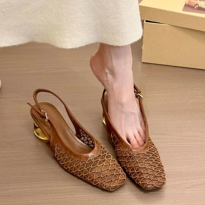 French Temperament Square Head Braided Bag Head Backspace Sandals Spring and Summer New Fashion Crystal Single Shoes Dark Brown