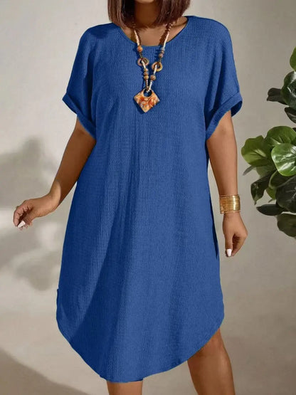 European and American large-size women's clothing 2025 summer new short-sleeved solid color dress large-size