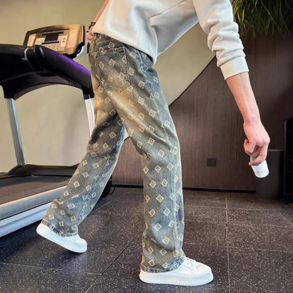 Light Blue Full Print Jacquard Jeans for Men, Niche Design, Curved Knife Pants, American High Street Vibe Straight Leg Pants