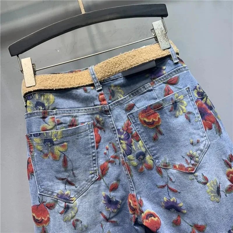 Autumn New Flower Print Jeans Women High-Waist Loose-Fit Denim Pants Large Size Personality Streetwear Harem Jeans Trousers Lady