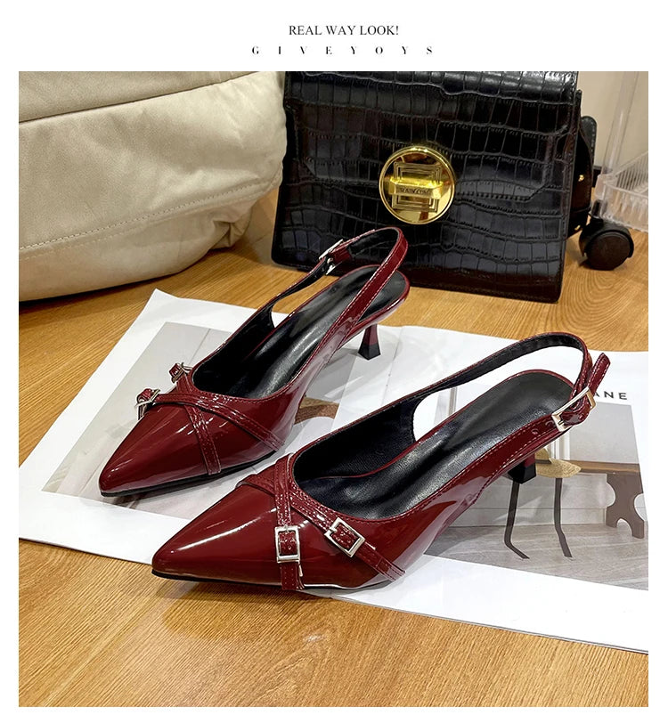New Summer French Wine Red Pointed Patent Leather Mid-heel Overhead Sandals for Women Retro Skinny Heel Back Empty Shoes