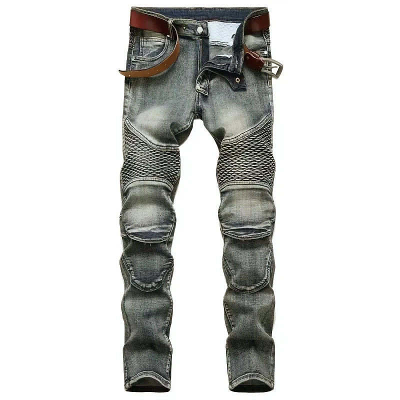 New Men's Casual Motorcycle Jeans Stretch Straight Fashion Male Hip Hop Street Riding Slim Pants Patchwork Denim Trousers
