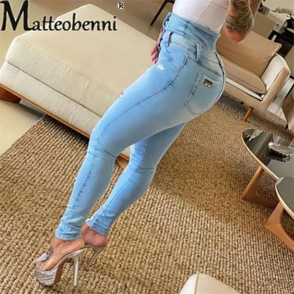 Autumn New Broken Holes High Waist Jeans Women Fashion Casual Denim Trousers Female Button Splicing Slim Fit Skinny Pencil Pants