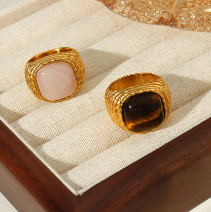 Vintage Knited Design Stainless Steel Rings For Women Pink Square Natural Stone Couple Finger Ring Waterproof Jewelry Gift