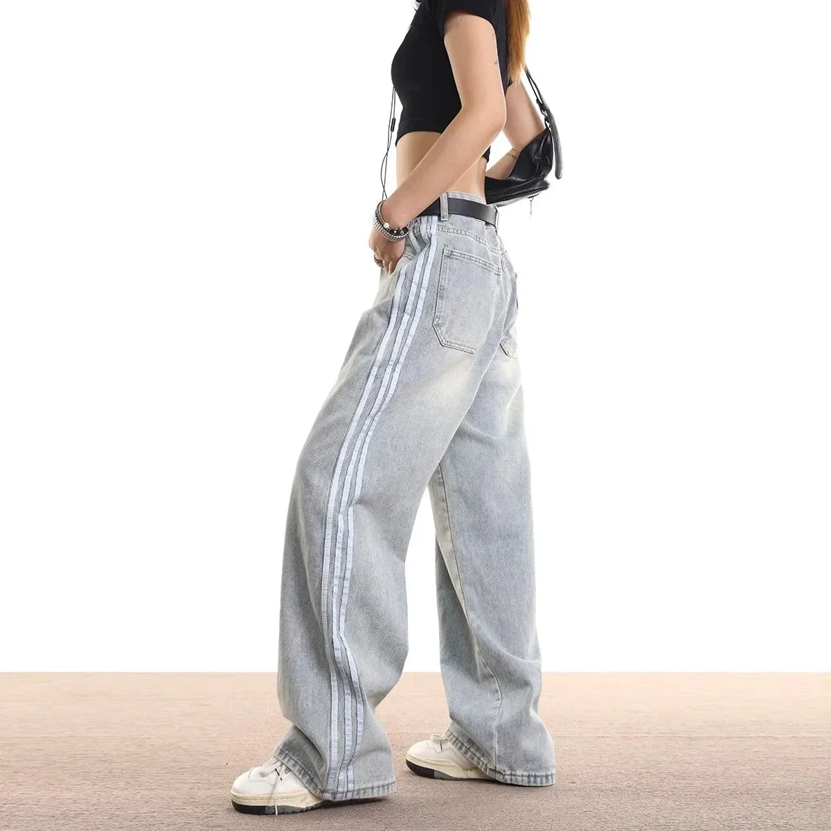 Vintage Striped Jeans Women's Loose-Fit American Style Spring Autumn New Straight-Leg Long Pants Trendy Brand Casual Wear