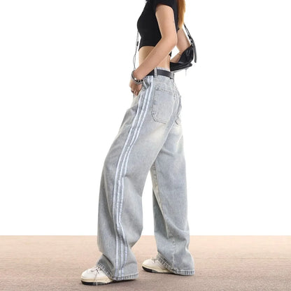 Vintage Striped Jeans Women's Loose-Fit American Style Spring Autumn New Straight-Leg Long Pants Trendy Brand Casual Wear