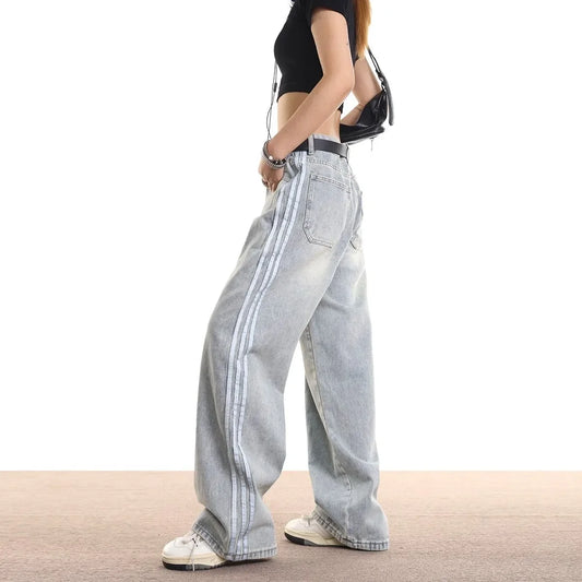 Vintage Striped Jeans Women's Loose-Fit American Style Spring Autumn New Straight-Leg Long Pants Trendy Brand Casual Wear