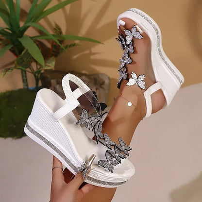 Rhinestone Butterfly Decor Chunky Platform Sandals Women Fashion Slip On Wedges Sandles Woman Lightweight Elastic Band Sandals