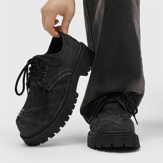 Men's Distressed Denim Derby Shoes Chunky Grunge Platform Boots Avant-Garde Bulky Toe Niche Streetwear Footwear for Trendy Youth