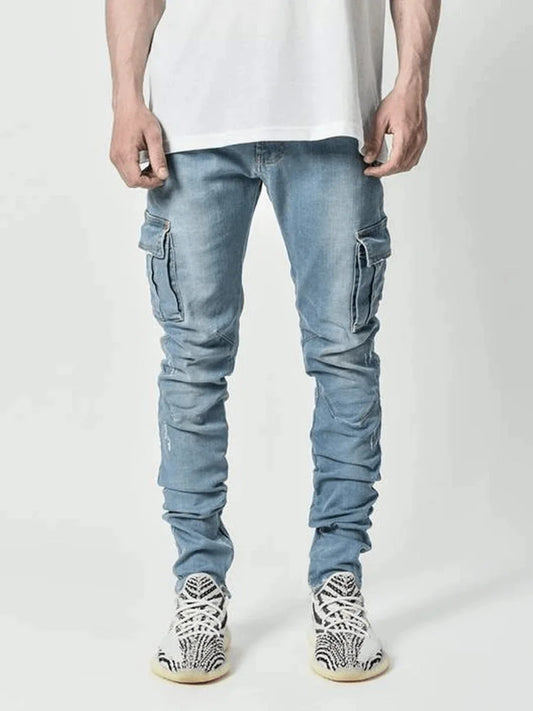 2025 New Men Street Elastic Denim Brand Jeans Narrow Legs Multi Pockets Cargo Pants Casual Slim Fit Daily Wear Joggers Mid Waist