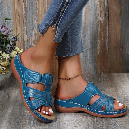 2024 Summer Women Wedge Sandals Premium Orthopedic Open Toe Sandals Vintage Anti-Slip Leather Casual Female Platform Retro Shoes