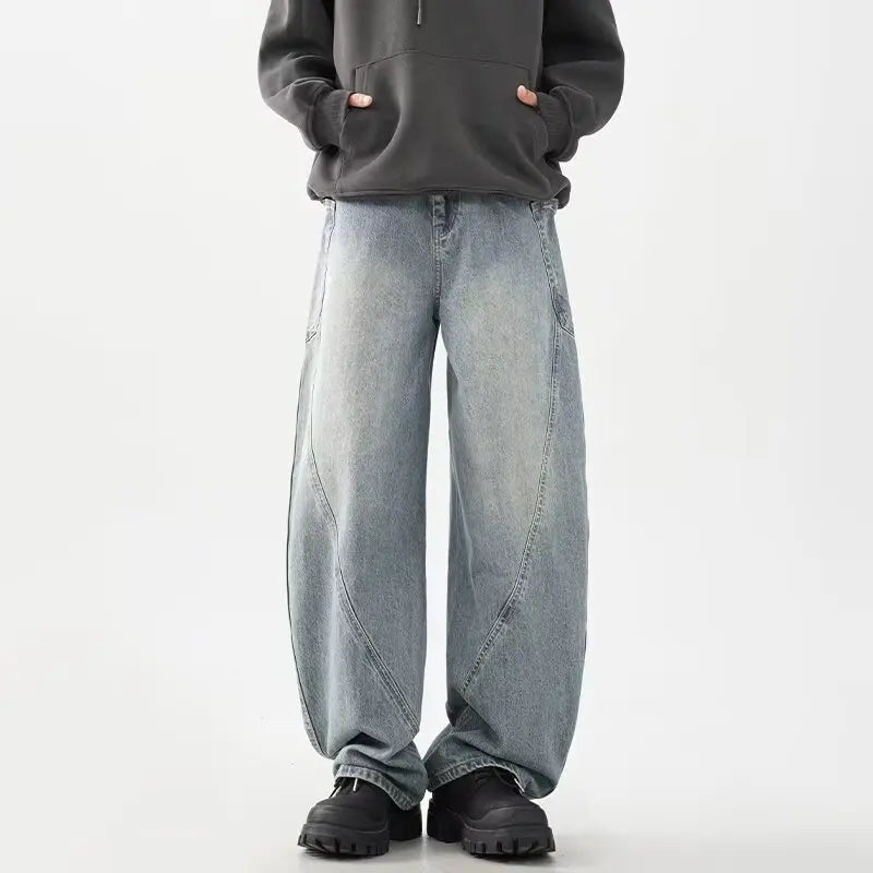 DM Oversized Baggy Jeans Men 100％ Cotton Fashion Personalized Splicing Wide Leg Pants Male Streetwear Brand Loose Denim Trousers