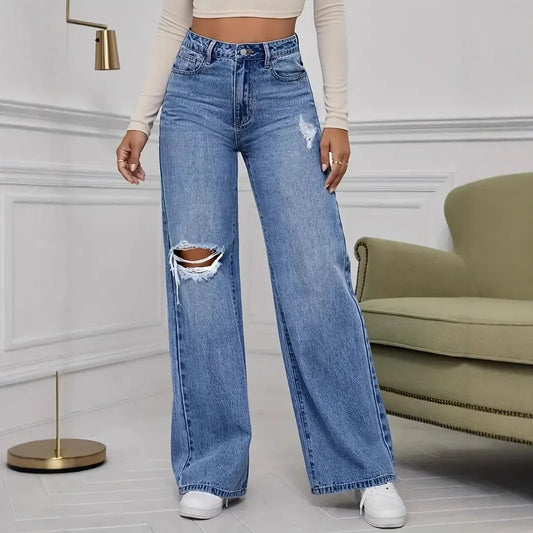 Hole Jeans Women Denim Wide Leg Pants Vintage Distressed Ripped Trousers 2025 Streetwear High Waist Washed Pockets Floor Length