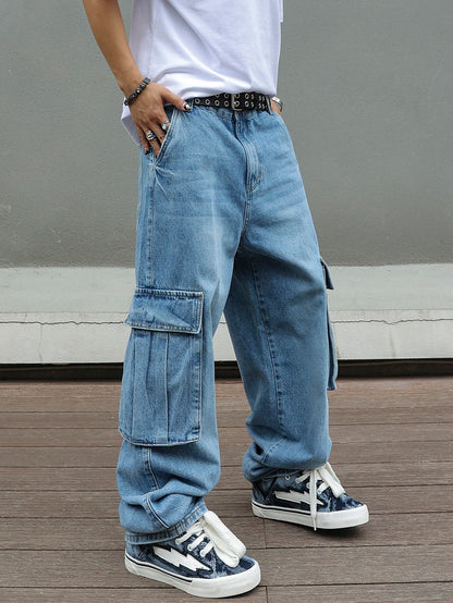 Men's Baggy Cargo Pants Light Blue Washed Denim Multi-Pocket Wide-Leg Jeans Vintage Look Loose Fit Streetwear Style