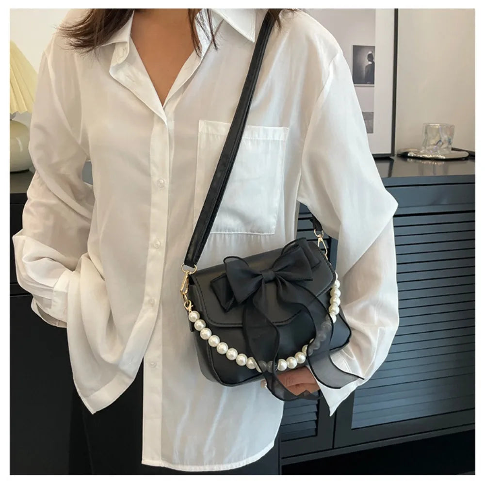Black Ladies Shoulder Bag Korean Bow-Knot Fashion Top-Handle Bag Women Canvas Large Armpit Bag 2024 Designer New Handbags